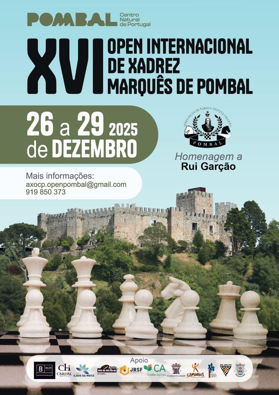 Cartaz do XVI Open Internacional de Xadrez Marquês de Pombal, 26 a 29 de dezembro 2025